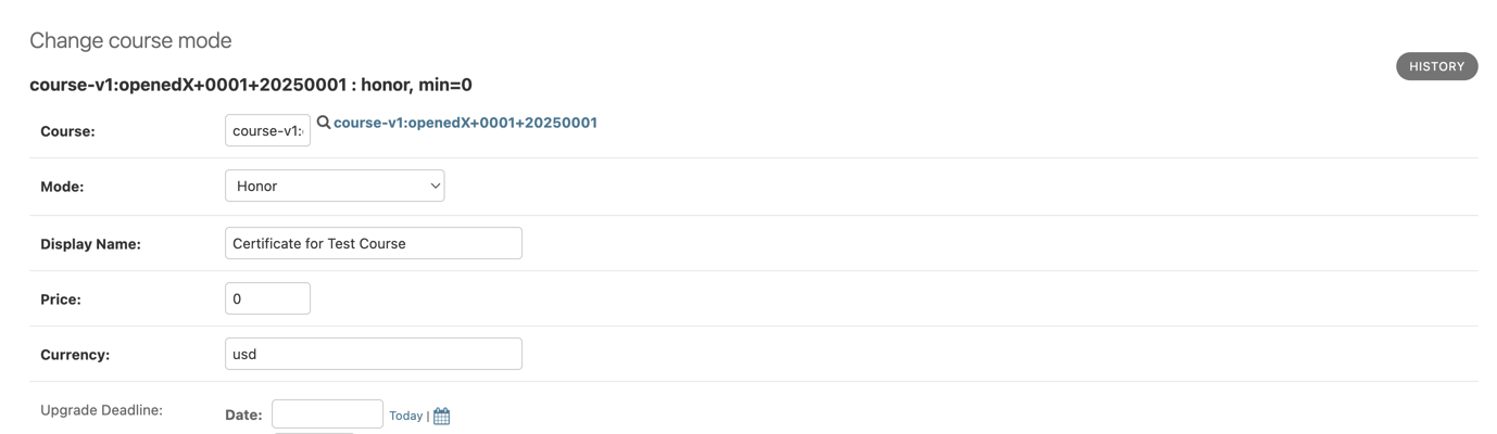 The change course mode selection screen, highlighting the dropdown menu for "Mode:"