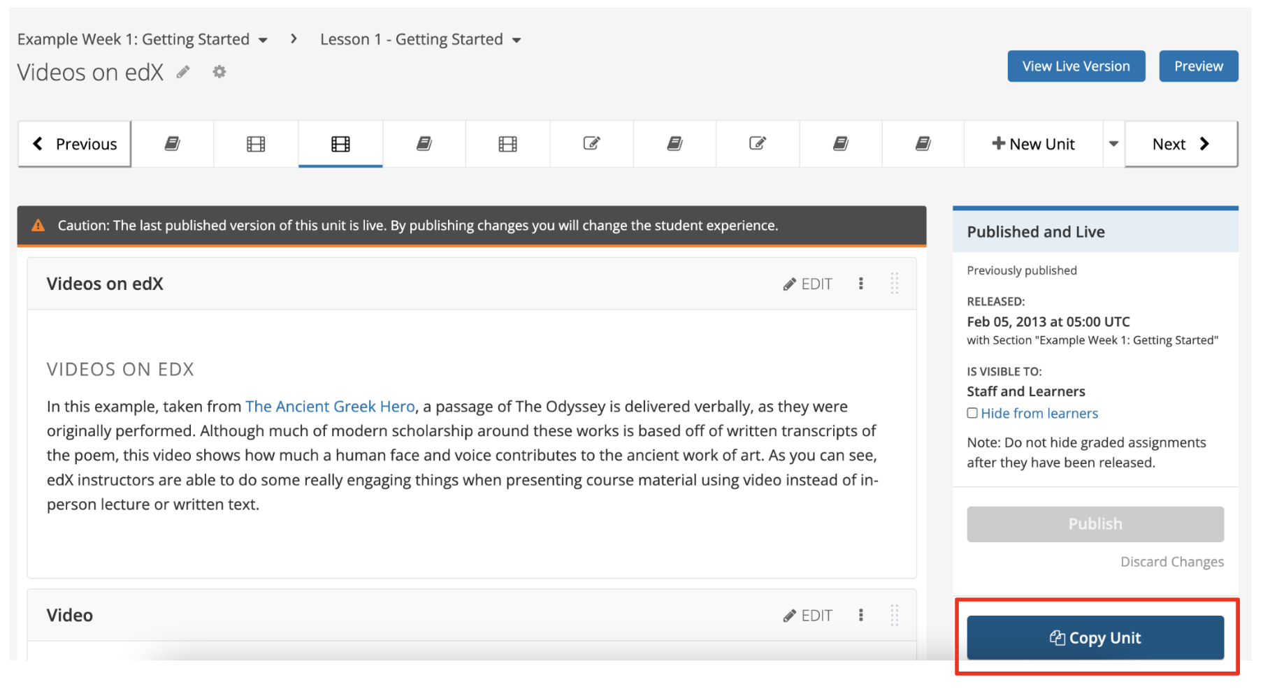 The "Copy Unit" button appears in the right sidebar, below the "Publish" button
