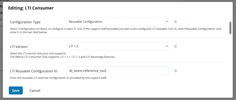 LTI component in editing mode, displaying the fields to be edited