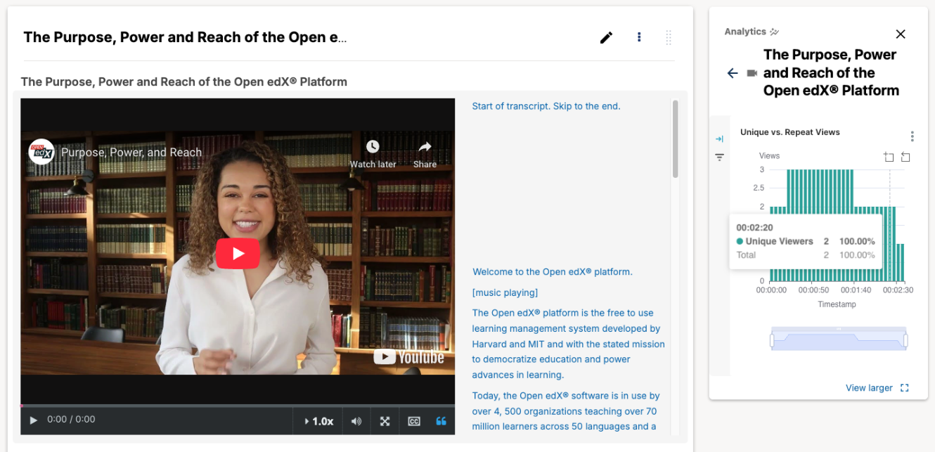 A screenshot of the video editor with the in-context analytics sidebar, which shows a bar graph of unique vs repeat views in a bar graph by timestamp