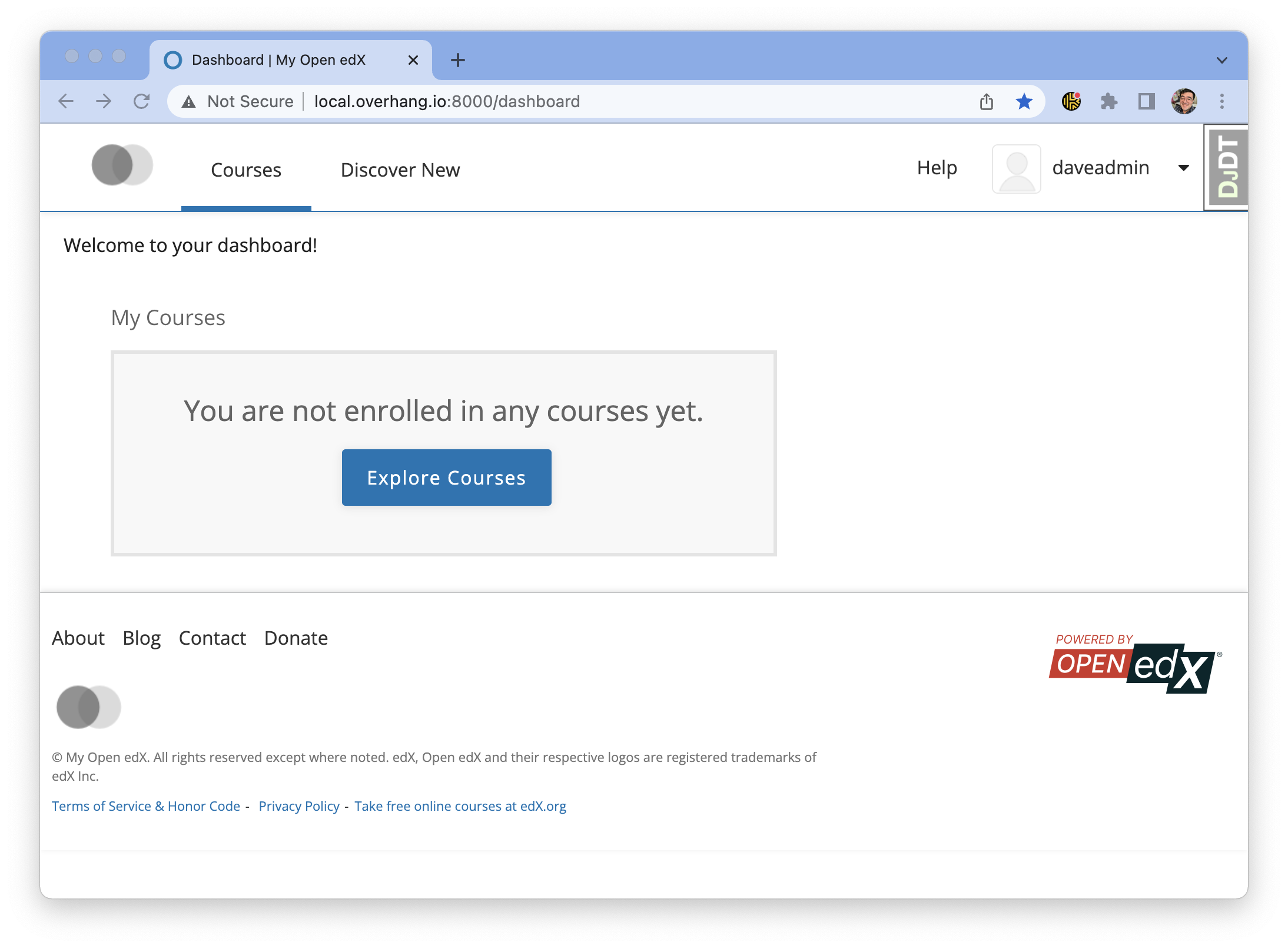 Learner Dashboard page after we add the welcome message.