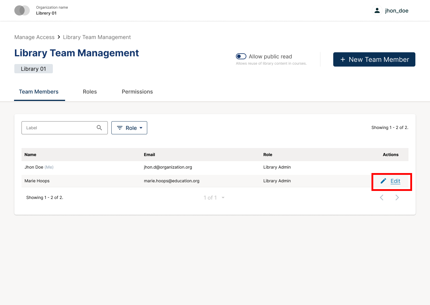 The "Edit" link appears in the rightmost column of the User table for each row that contains a user.