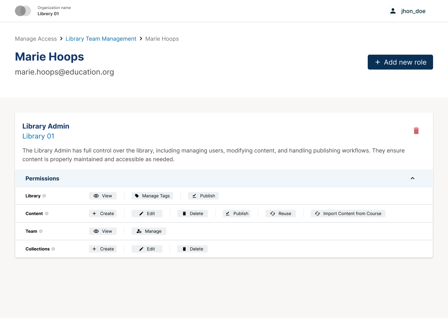 The screen for one single user, showing their role (Library Admin) and a table of which permissions that role grants them.