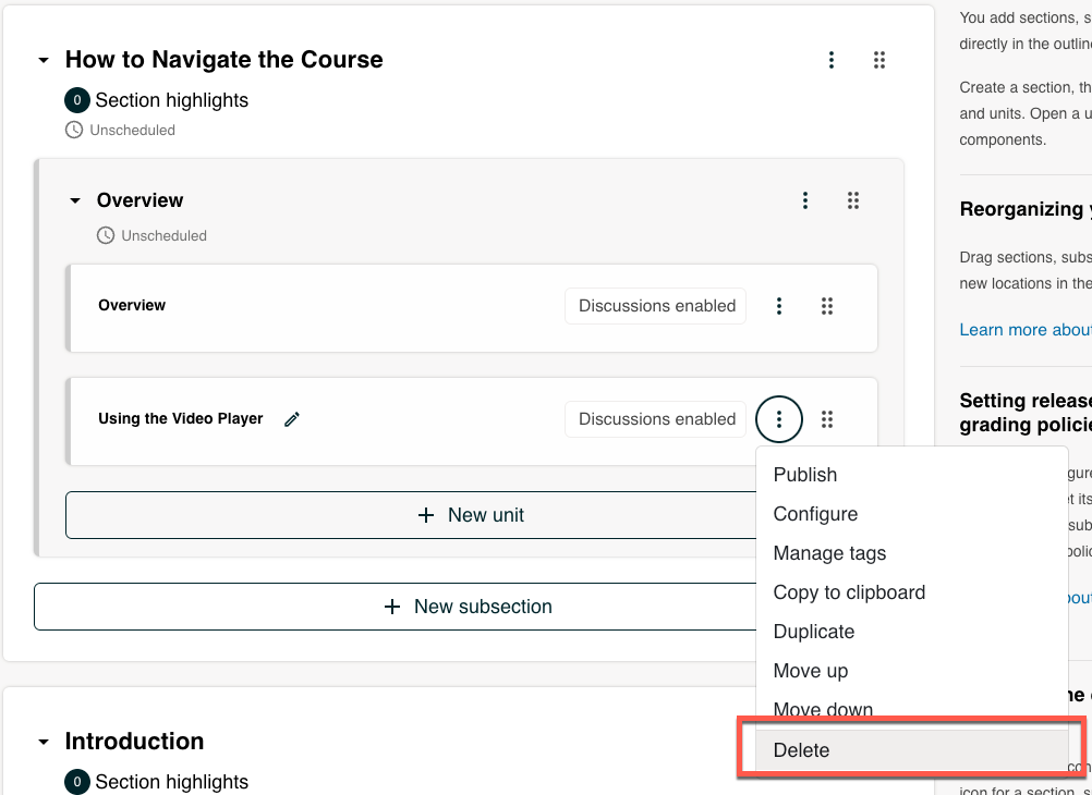 A unit with the Delete icon circled.